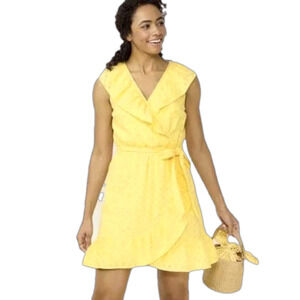 ☀️LC Lauren Conrad Women Small Yellow Eyelet Wrap Ruffled Dress Waist Tie